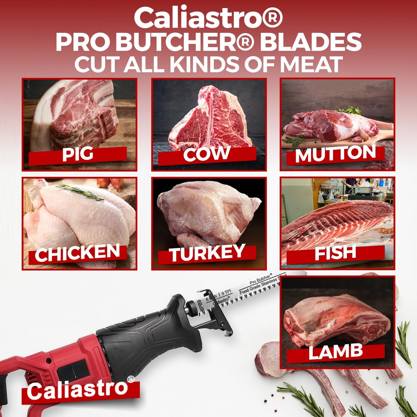 Caliastro 6-Inch Stainless Steel Frozen Meat Bone Cutting Saw Blades for Reciprocating and Sawzall Saws 5-Pack, Black