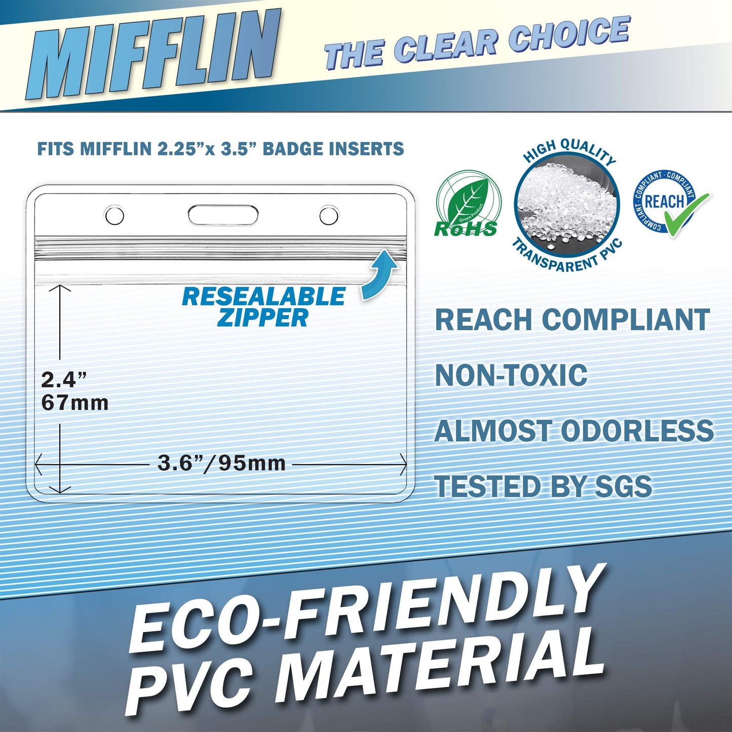 MIFFLIN Horizontal ID Name Badge Holder (Clear, 90x60 mm, 100 Pack), Waterproof and Resealable Plastic Card Holders