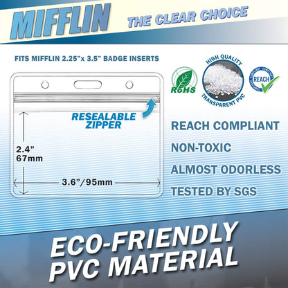 MIFFLIN Horizontal ID Name Badge Holder (Clear, 90x60 mm, 100 Pack), Waterproof and Resealable Plastic Card Holders