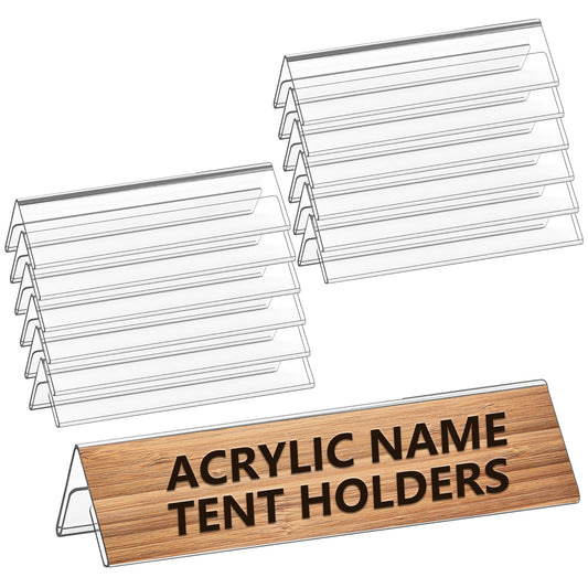 Dingelex 12 Pack Acrylic Desk Name Plate Holder, Clear Small 8.5 x 3 Double Sided Display Sign Holder Acrylic Name Tent Holders Plastic Office Business Desk Sign Holder Teacher Name Plate