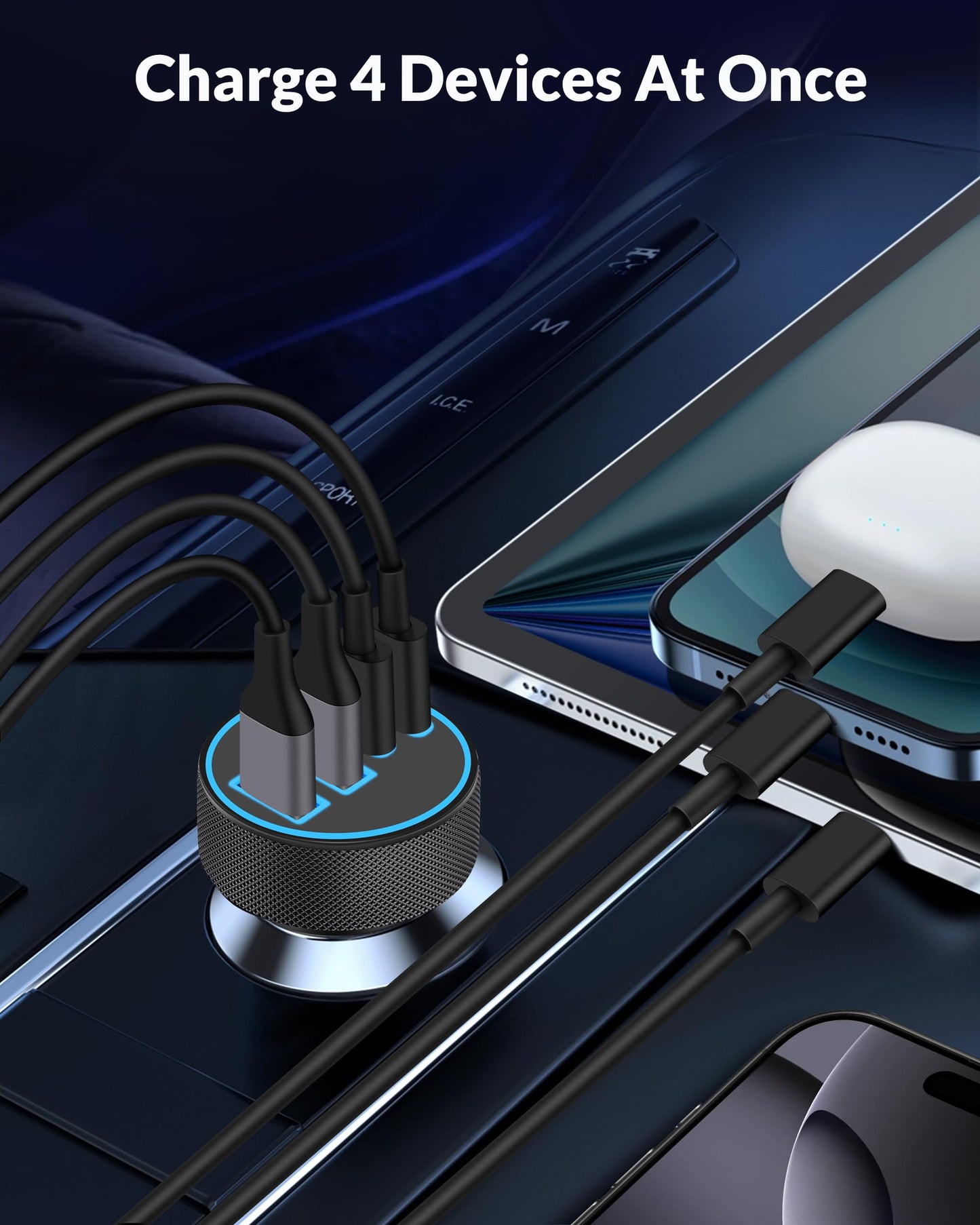 iPhone 17 16 15 Car Charger Fast Charging, 90W 4-Port USB C Fast Car Charger Cigarette Lighter Adapter with 240W 3FT USB-C Cable for iPhone 17/Air/17 Pro/17e/16/15 Pro Max/Plus/16e, iPad, Android