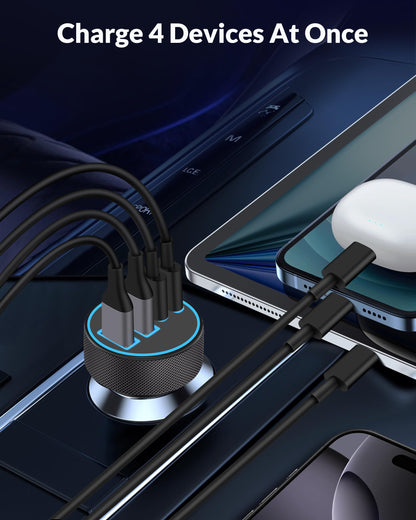 iPhone 17 16 15 Car Charger Fast Charging, 90W 4-Port USB C Fast Car Charger Cigarette Lighter Adapter with 240W 3FT USB-C Cable for iPhone 17/Air/17 Pro/17e/16/15 Pro Max/Plus/16e, iPad, Android