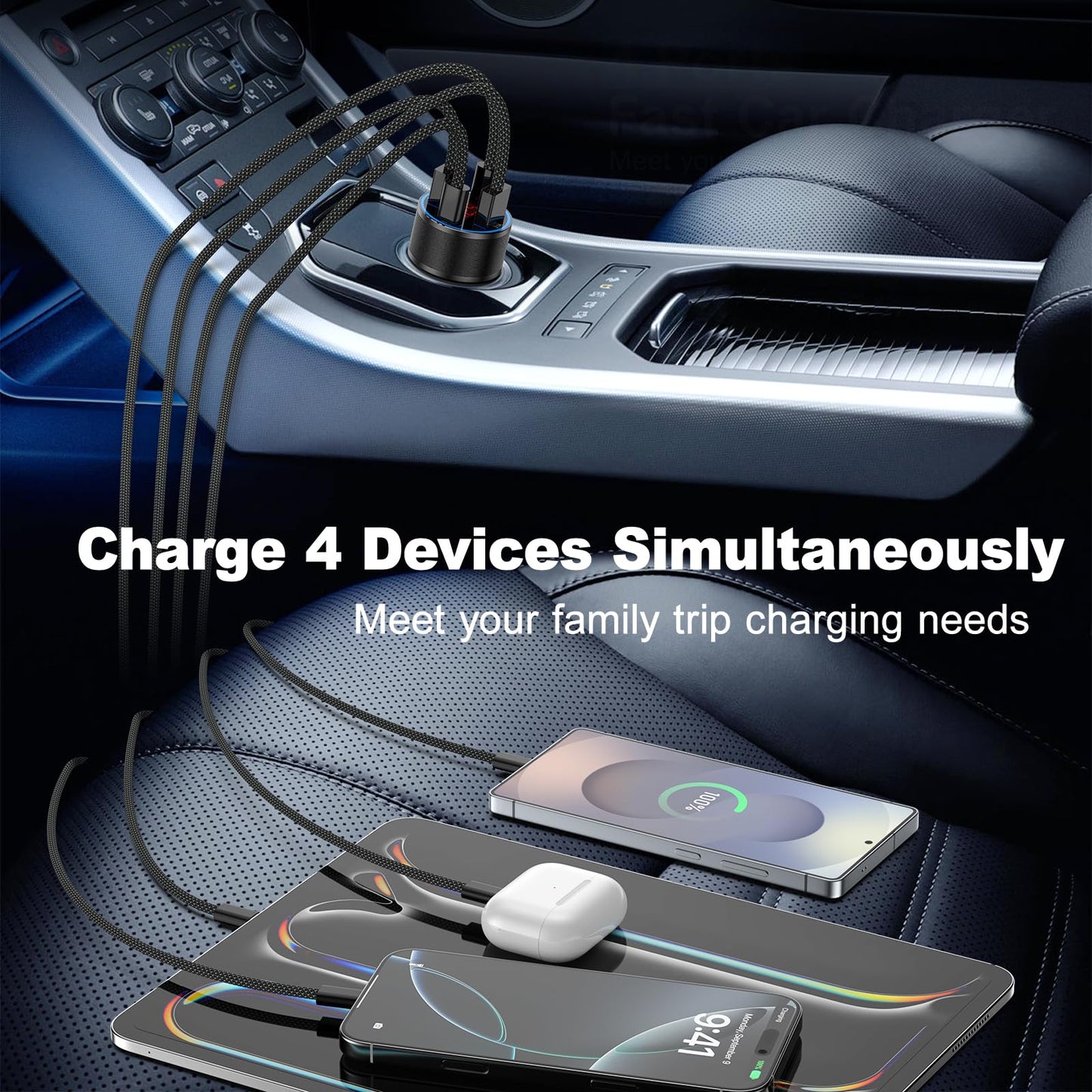 65W i Phone Car Charger Fast Charging, 2Pack 4 Port USB C Fast Car Charger+6ft Type C Cable, Dual USB-C & USB-A Cigarette Lighter Adapter with Voltmeter for i Phone 17 16 15 Pro Max,iPad,Samsung,Pixel