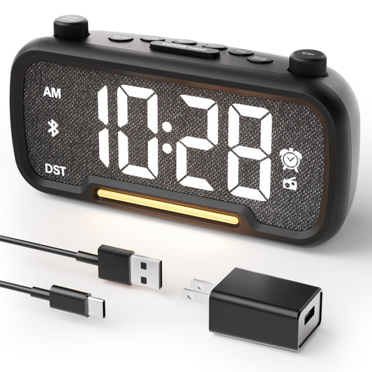 Digital Alarm Clock Radio for Bedrooms with Bluetooth Speaker, High Fidelity Sound, Bedside Clock with 2 Charging Ports, Adjustable Dimmer & Volume, Night Light, Auto-Off Timer, Ideal for Home Office
