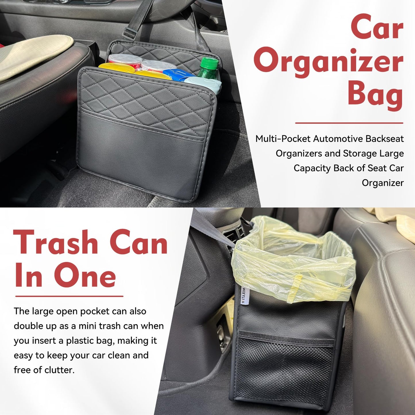 Witaxima Upgrade Car Seat Organizer Backseat with Storage Pockets Multipurpose Car Organizer Hanging Car Trash Bag Can Premium PU Leather Garbage Can 2.14 Gallon Black