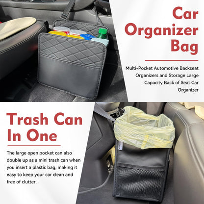 Witaxima Upgrade Car Seat Organizer Backseat with Storage Pockets Multipurpose Car Organizer Hanging Car Trash Bag Can Premium PU Leather Garbage Can 2.14 Gallon Black