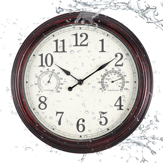 Vigorwise 12 inch Outdoor Wall Clock, Plastic Waterproof Wall Clock with Temperature & Humidity, Water Resistant Wall Clock, Silent Wall Clock for Patio Garden Bathroom, Dark Brown