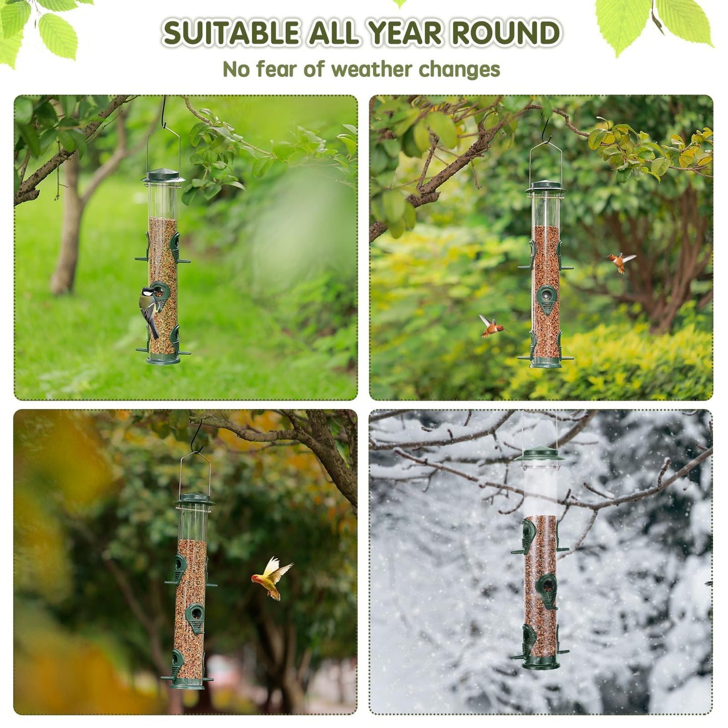 MIXXIDEA Metal Wild Bird Feeder Squirrel Proof Bird Feeders for Outside Hanging 6 Port Tube Bird Feeder Transparent Finch Feeder with Steel Hanger (2 PK, Green)