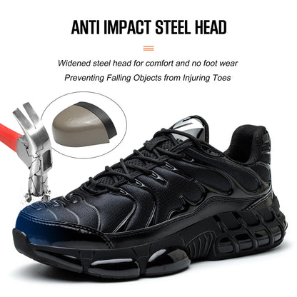 OWANVION Steel Toe Shoes for Men Lightweight Non-Slip Sneakers Puncture Proof Shoes Indestructible Work Shoes Black
