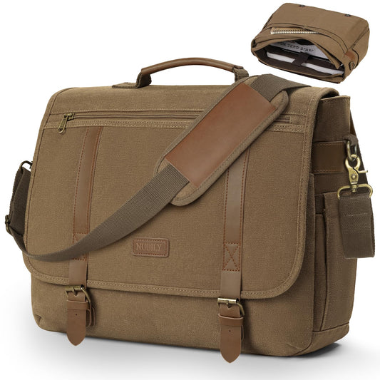 NUBILY Messenger Bag Men 15.6 Inch Laptop Bag Vintage Canvas Briefcase Retro Work Computer Bag Large Shoulder Bag Water Resistant Cross-Body Satchel Bag For Business Office College Travel，Brown