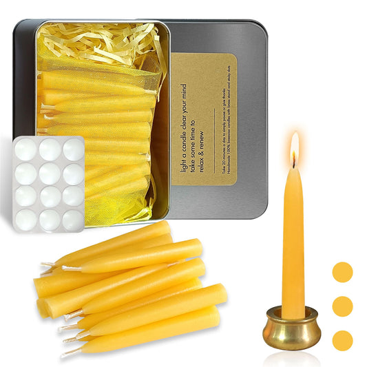 Gedengni Mini Taper Candle Meditation Candles,20 Minute Prayer Candlestick Dripless Beeswax Candles with Brass Candle Holder for Yoga & Spiritual Rituals (Set of 30)