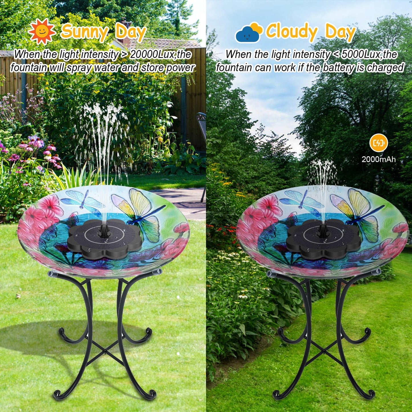 GAIZERL 3.5W Solar Fountain with 2000mAh Battery - Work On Cloudy Day- Upgrade Lucky Flower Glass Panel Solar Bird Bath Fountains, Hummingbird Water Fountain Pumps for Birdbath, Pool, and Pond