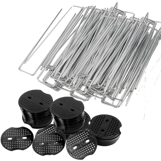 Finderomend 100 Pack Landscape Staples and 100 Pack Gaskets,11 Gauge Galvanized Steel Garden Stakes with Black Pads,Landscape Pins Turf Staples for Securing Weed Barrier Fabric Artificial Grass (6")