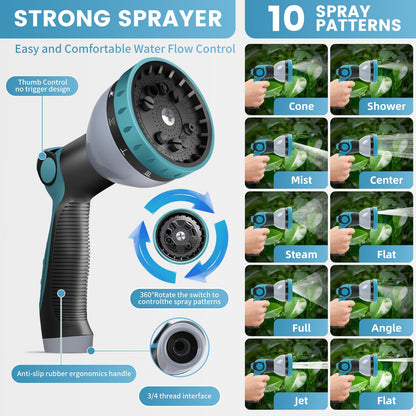 Upgarded 50FT Expandable Garden Hose with 10 Pattern Spray Nozzle Solid Fitting – Lightweight Kink-Free Retractable Water Hoses for Gardening - Blue