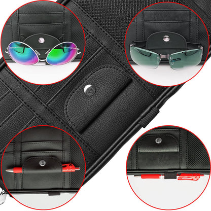 Da by Leather Car Sun Visor Organizer, Auto Interior Accessories Pocket Organizer - Car Truck Storage Pouch Holder, with Multi-Pocket Net Zipper (Black)