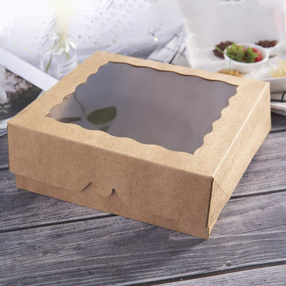 [15pcs]9inch Kraft Bakery Boxes,ONE MORE Large Pie Boxes with PVC Window Natural Disposable box for Cookie 9x9x2.5inch,15 of Pack