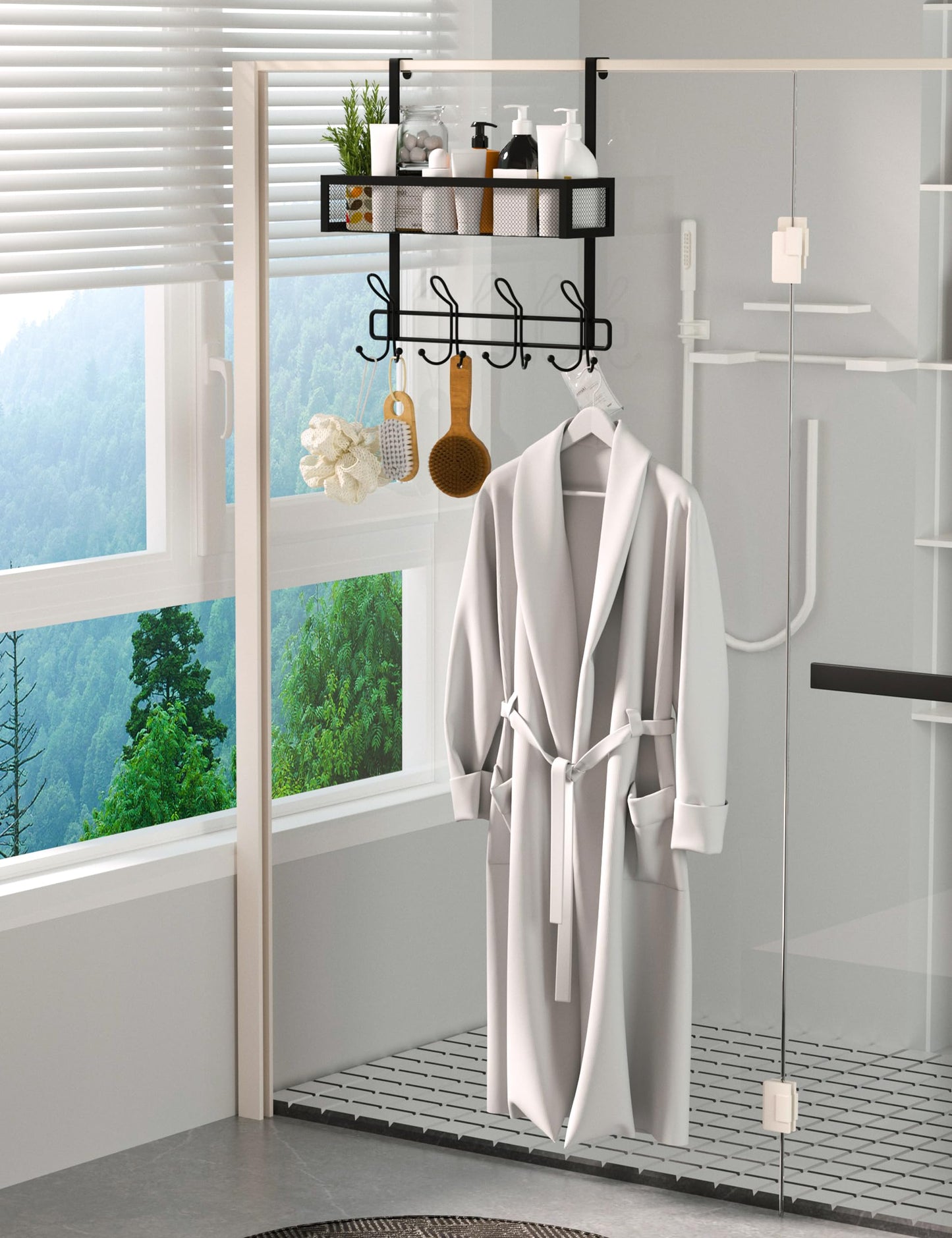 Over The Door Hooks Organizer Storage - Over The Door Hanger for Coat Rack, Over Door Storage with 12 Hooks & 2 Mesh Baskets, for Bathroom,Bedroom,Kitchen,Office (Single Basket)