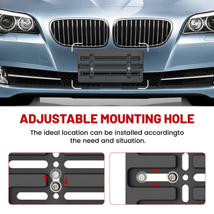 RED WOLF License Plate Bracket Holder with Stainless Steel Plate Frame Kit, Front Bumper Universal Fit Vehicles Truck Mount Holder Adapter Tag Lock Screws Caps Nuts Wrench