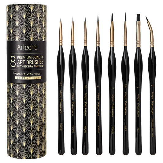 ARTEGRIA Detail Paint Brush Set, 8 Miniature Brushes with Extra Fine Tips and Ergonomic Handles, for Small Scale Models, Figurines, Paint by Numbers for Adults