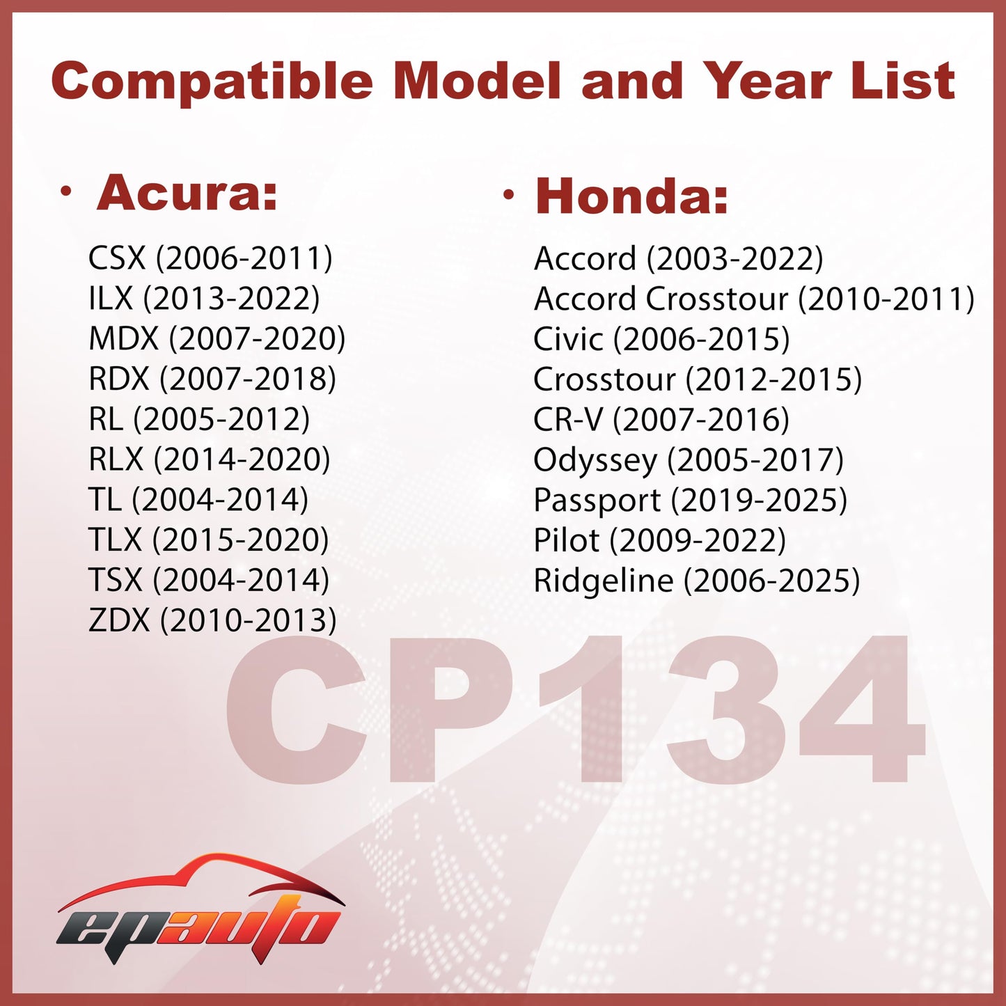 EPAuto CP134 (CF10134) Premium Cabin Air Filter includes Activated Carbon - 2 Pack