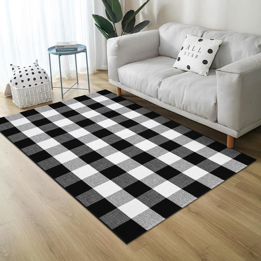 Cekene Buffalo Plaid Outdoor Rug 3x5 Black and White Checkered Rug Cotton Woven Washable Layered Porch Rug for Entryway Living Room Farmhouse Kitchen