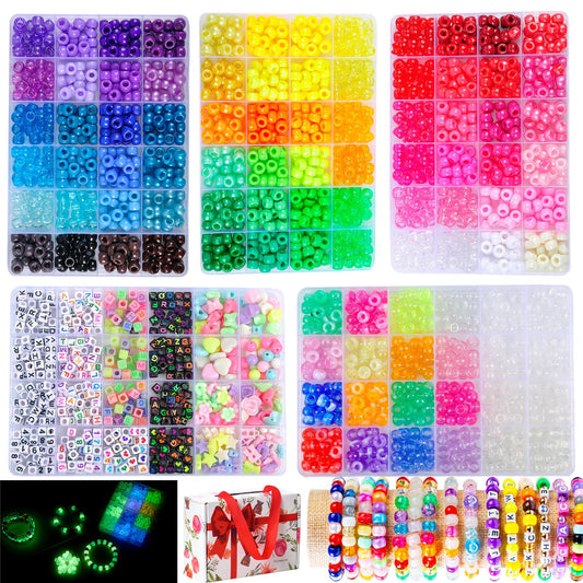 SJZWSD 5 Boxes Bracelet Making Kit Pony Beads, 6x9mm Kandi Rave Beads & Hair Beads Set with UV Color Changing, Glow-in-Dark, Chrome & Alphabet Letters for Friendship Jewelry DIY Crafts