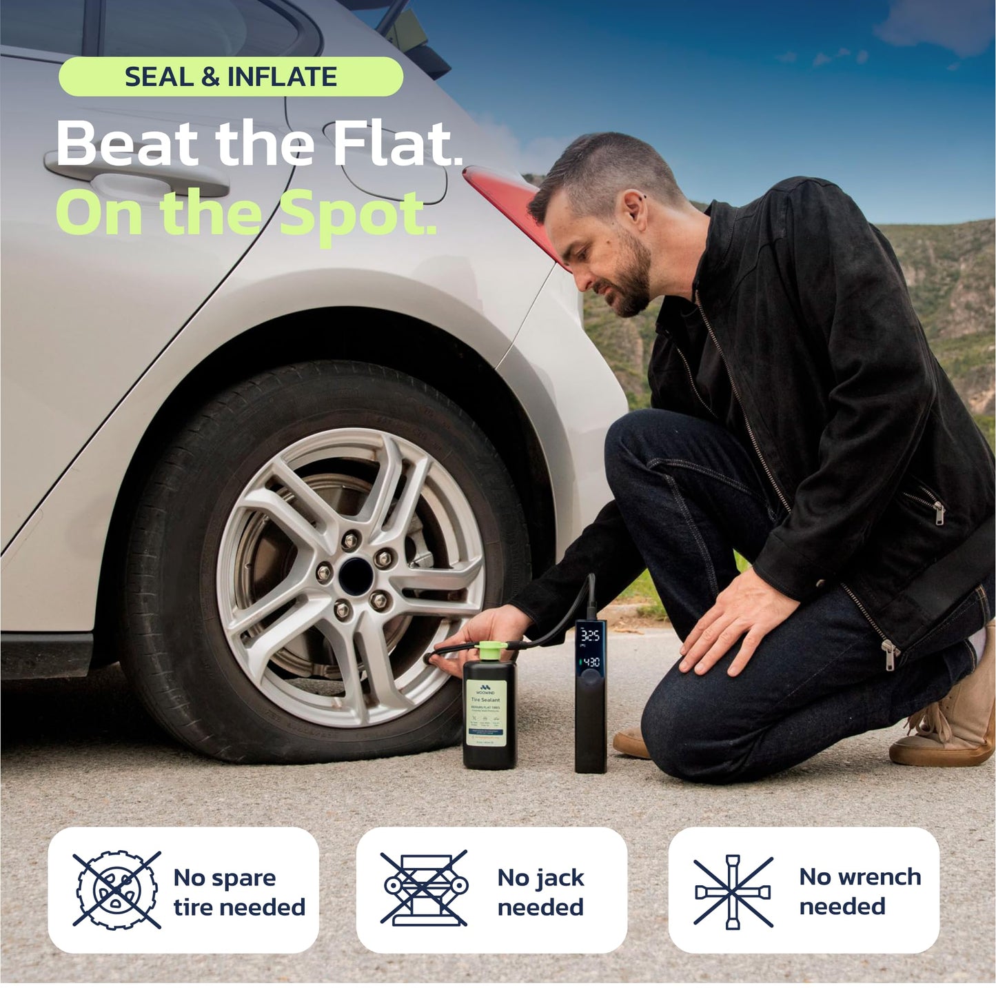 Woowind Tire Sealant Instant Flat Tire Repair Kit (450ml) – Seals Punctures Up to 5mm for Cars, Trucks & SUVs – TPMS Safe, All-Weather, Works with Most Inflators, Drive 125ml