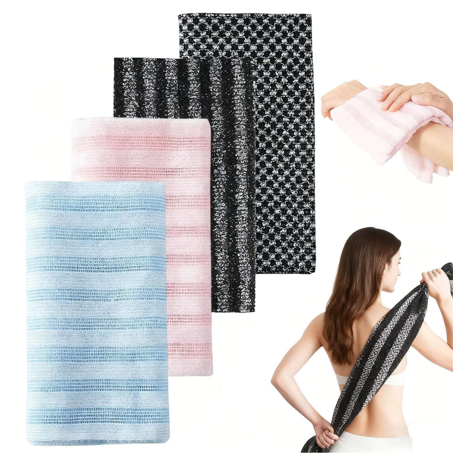 4PCS Blissal Exfoliating Shower Towel,Rip-Resistant Exfoliating Washcloth, African Net Sponge Loofah Body Scrub Exfoliator,Long Washcloth Back Body Scrubber for Men & Women