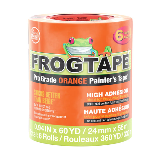 FrogTape ProGrade Orange Painters Tape, 1 Inch Wide (0.94 in. x 60 Yds), High Adhesion, Paint Tape for Indoor & Outdoor Applications, Orange, 6 Rolls (105673)