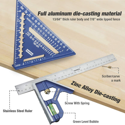 WORKPRO Rafter Square and Combination Square Tool Set, 7 Inch Aluminum Alloy Die-Casting Carpenter Square and 12 Inch Zinc-Alloy Square Ruler Combo (Rafter Square Layout Tool)