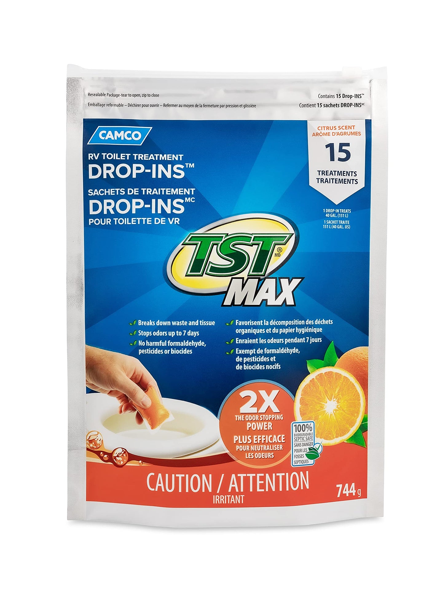 Camco TST MAX Camper/RV Toilet Treatment Drop-INs - Control Unwanted Odors and Break Down Waste and Tissue - Safe Septic Tank Treatment - Orange Scent, 15-Pack (41180)