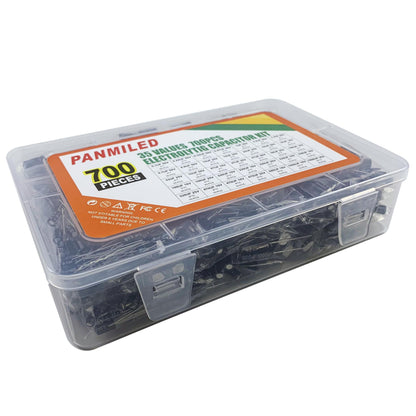PANMILED 35 Values 700 Pieces Aluminum Electrolytic Capacitor Assortment Kit 0.1uF-1000uF 10V 16V 25V 50V Direct Insertion Aluminum Electrolytic Capacitor Series