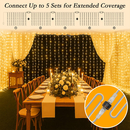 200 LED Curtain String Lights 9.8 * 6.6FT Plug in Fairy with Timer and 8 Modes, Waterproof Window Wall for Bedroom Wedding Party Indoor Outdoor Christmas Decor