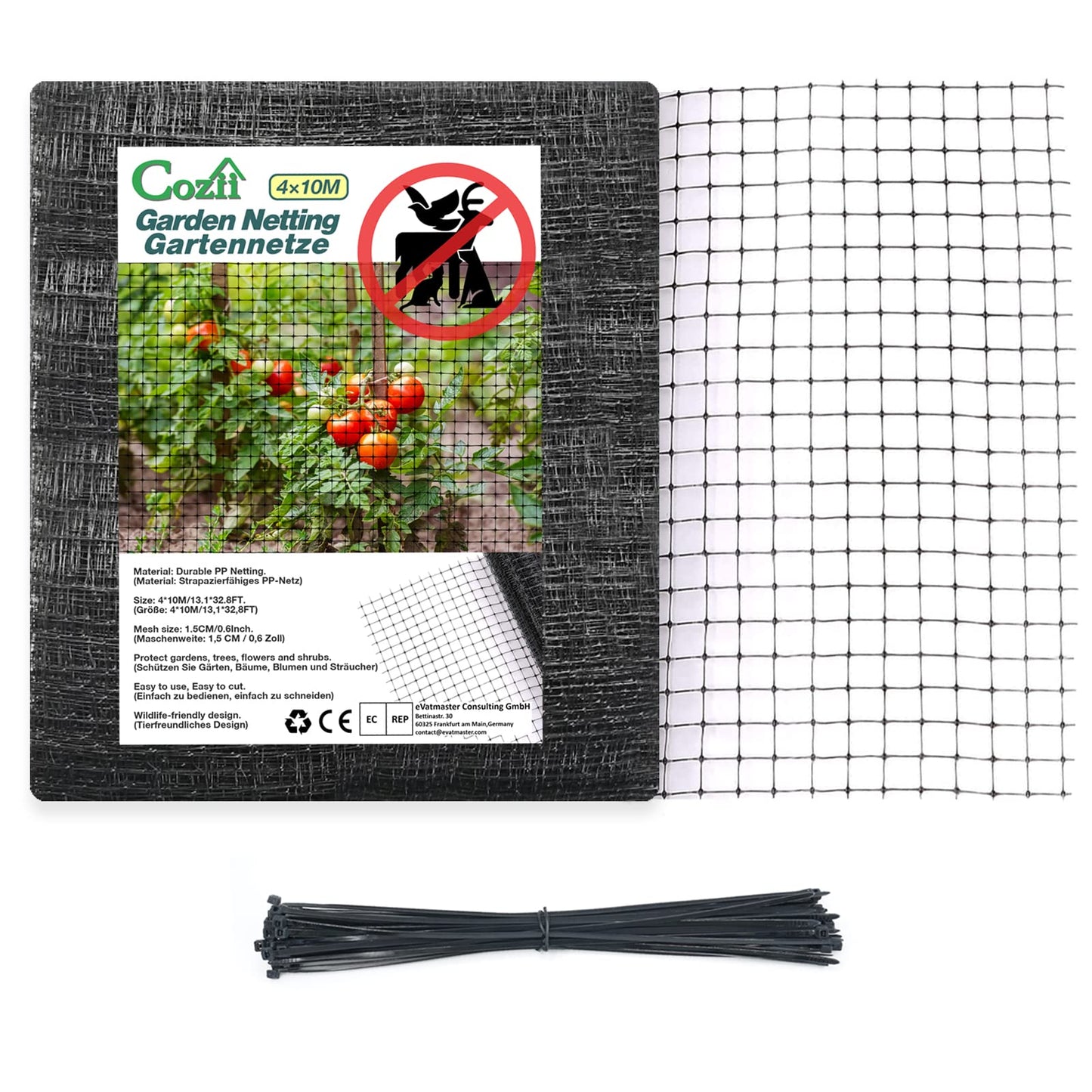 Garden Netting, 13.1 X 32.8ft Bird Netting, Reusable Garden Mesh Protect Plants Vegetables Fruits Flowers Ponds Against Bird Animals and Pests, with 50Pcs Cable Ties (4 * 10M)