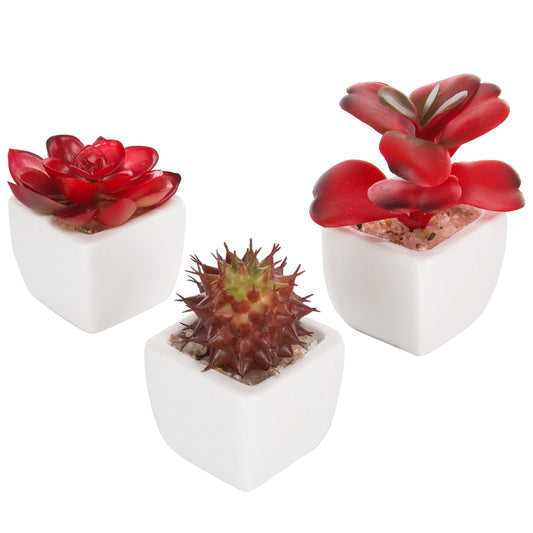 MyGift Set of 3 Miniature Artificial Succulent Plants w/Ceramic Plant Pots, Red