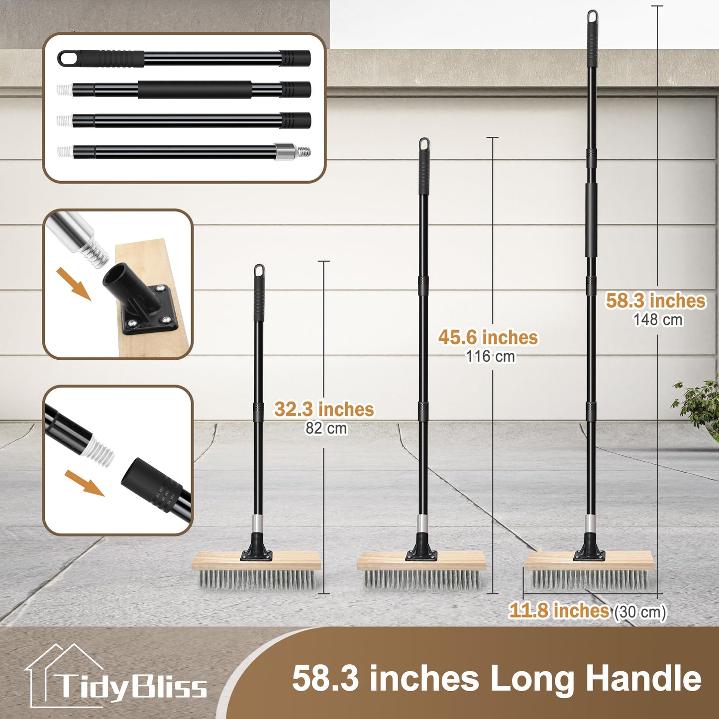 TidyBliss Stainless Steel Wire Scrub Brush with Long Handle, Heavy Duty Stiff Metal Broom Scrubber, Outdoor Moss Removal for Concrete Floor, Deck, Garden, Patio, Roof, Brick, Garage, Swimming Pool