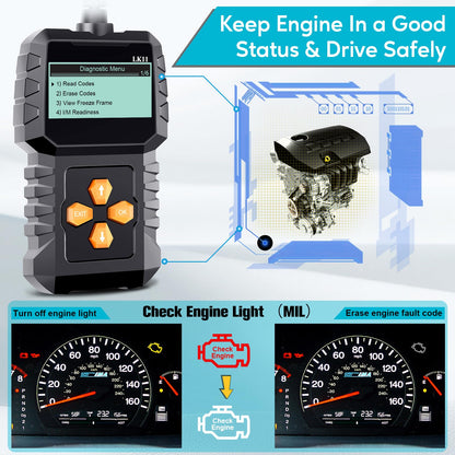 OBD2 Scanner Ease Setup Plug-Play: Clear Reset Engine Error Code Professional Code Reader Diagnostic Scan Tools with Freeze Frame/I/M Readiness for All Cars Since 1996 & Newer -LK11