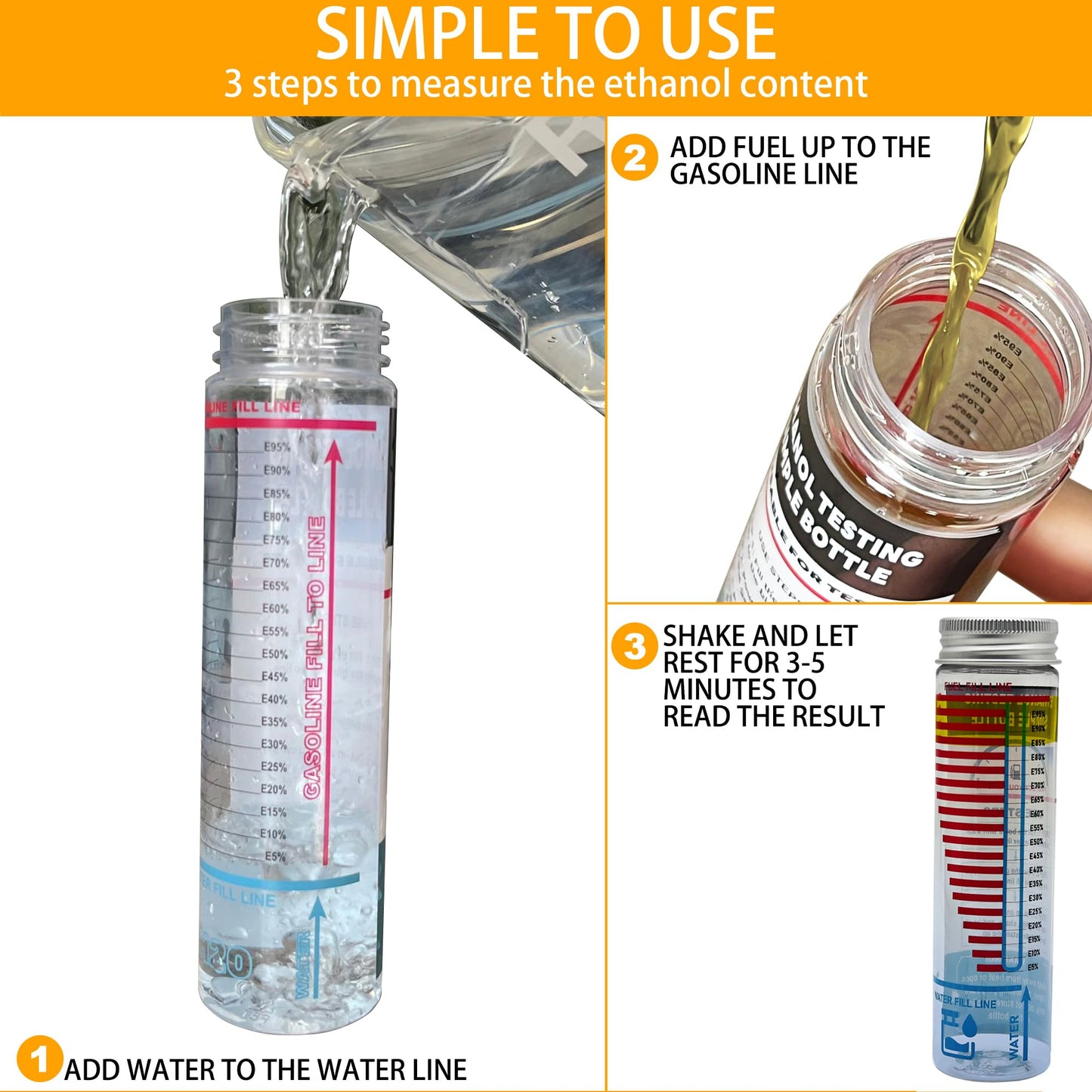 E85 Tester Kit, Reusable Ethanol Test Kit, Wide Mouth Fuel Test Bottle, Gasoline Super Content Tester (2 Pack)