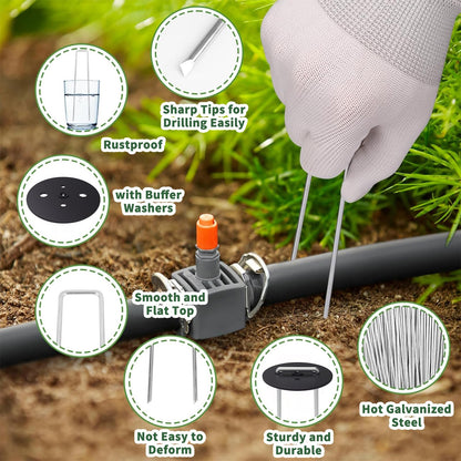 AAGUT 50Pcs 6 Inches U-Shaped Landscape Staples with Gasket Kit Garden Stakes and Plastic Fixing Gasket Pegs for Landscaping Fabric Geotextile Weed Barrier Fabric Sod Turf Fencing Small Tents