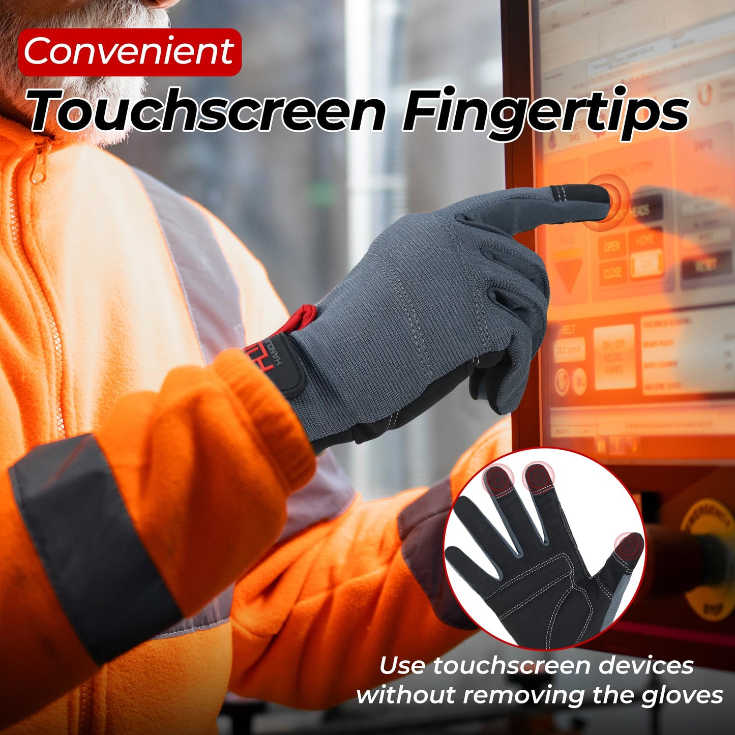 Handlandy Mens Work Gloves Touch screen, Synthetic Leather Utility Gloves, Flexible Breathable Spendex - Padded Knuckles & Palm (Extra Large, Gray)