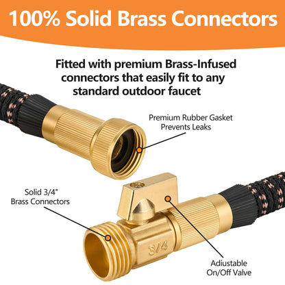 25 Foot Garden Hose – 2026 Upgarded Expandable Garden Hose w/10 Pattern Spray Nozzle, 650psi Brass 3/4” Fittings – Lightweight, Durable, Kink-Free, Retractable Water Hoses for Gardening(Black Gold)