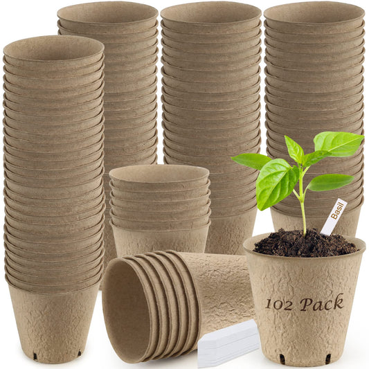 102 Pack Peat Pots for Seedlings, 3.15 Inch Biodegradable Planting Pot for Seedlings, Garden Plant Seed Starter Pots with Drainage Holes Peat Pot for Organic Vegetable Flower, Bonus 50 Plant Labels
