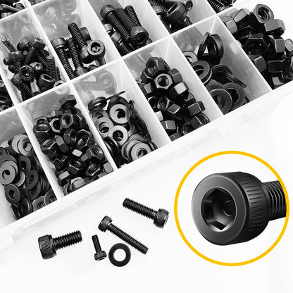 Mywish 900Pcs M3 M4 M5 M6 Metric Screws Assortment, Grade 12.9 Alloy Steel, Nuts and Bolts Hex Socket Head Cap Metric Bolts & Nuts & Flat Washers Kit, Black Zinc Plated, Anti Rust Machine Screws