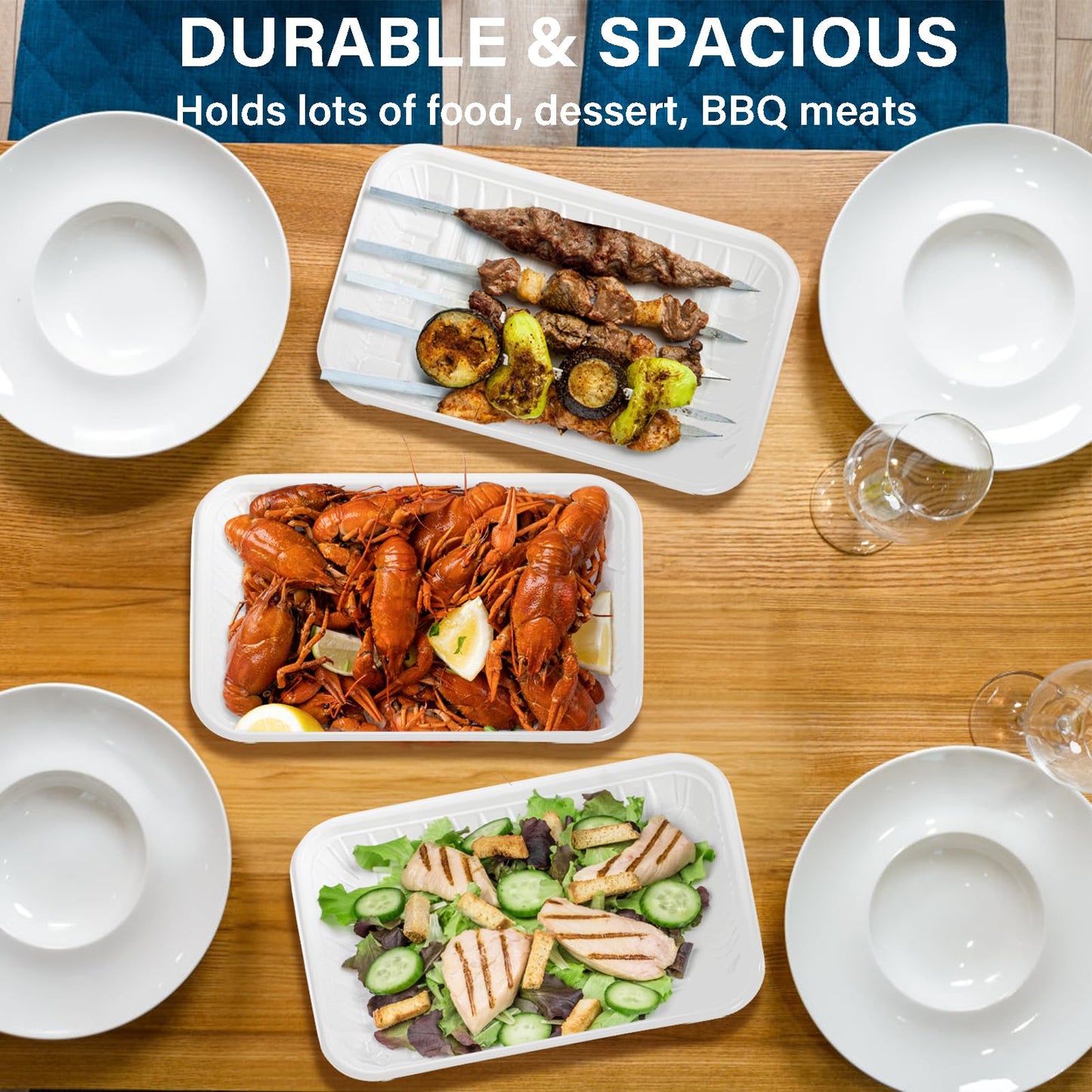 WRINGKIT 300 Pack White Plastic Meat Tray, 8 Inch Rectangular Disposable Plates, Mineral Filled PP Supermarket Meat Trays, Heavy-Duty Plastic Dinner Dessert Plates for Party Restaurant