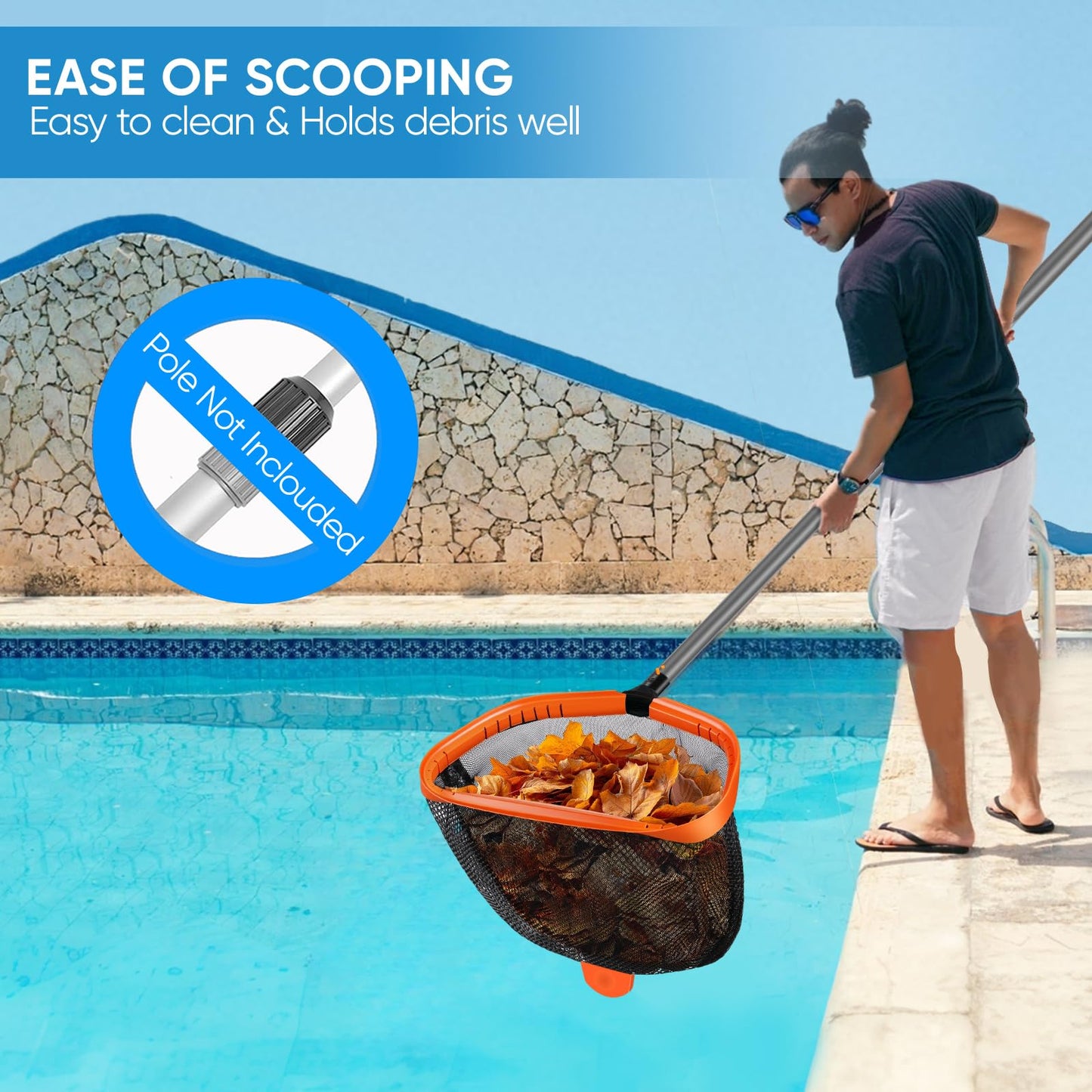 45CM Pool Net, Pool Skimmer Net with Double-Layer Netting Bag, Aluminum Frame, Deep Nylon Net, Large Capacity Pool Cleaning Net, Leaf Skimmer Rake Net for Above Ground & In-ground Pools (No Pole)