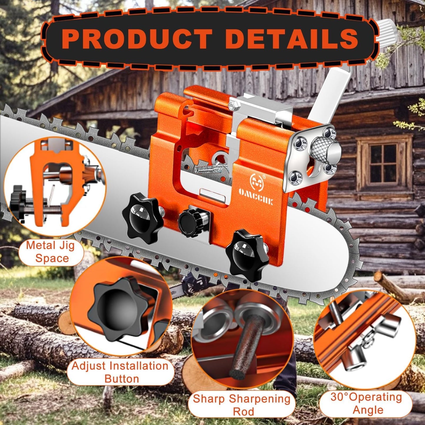 OMCCHK Chainsaw Sharpener Jig Kit with 3 High Hardness Titanium Plated Diamond Bits, Universal Portable Chainsaw Sharpening Tool, Manual Chainsaw Accessories for 4-22" Chain Saw