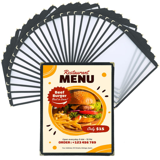 FLKQC Menu Covers Menu Cover 8.5" x 11" | 25PCS Restaurant Menu Holders Transparent Menu Sleeves Letter Size for Kitchen, Drink, Wine Menu Covers Black (25, 8.5"x 11") (1 Page)