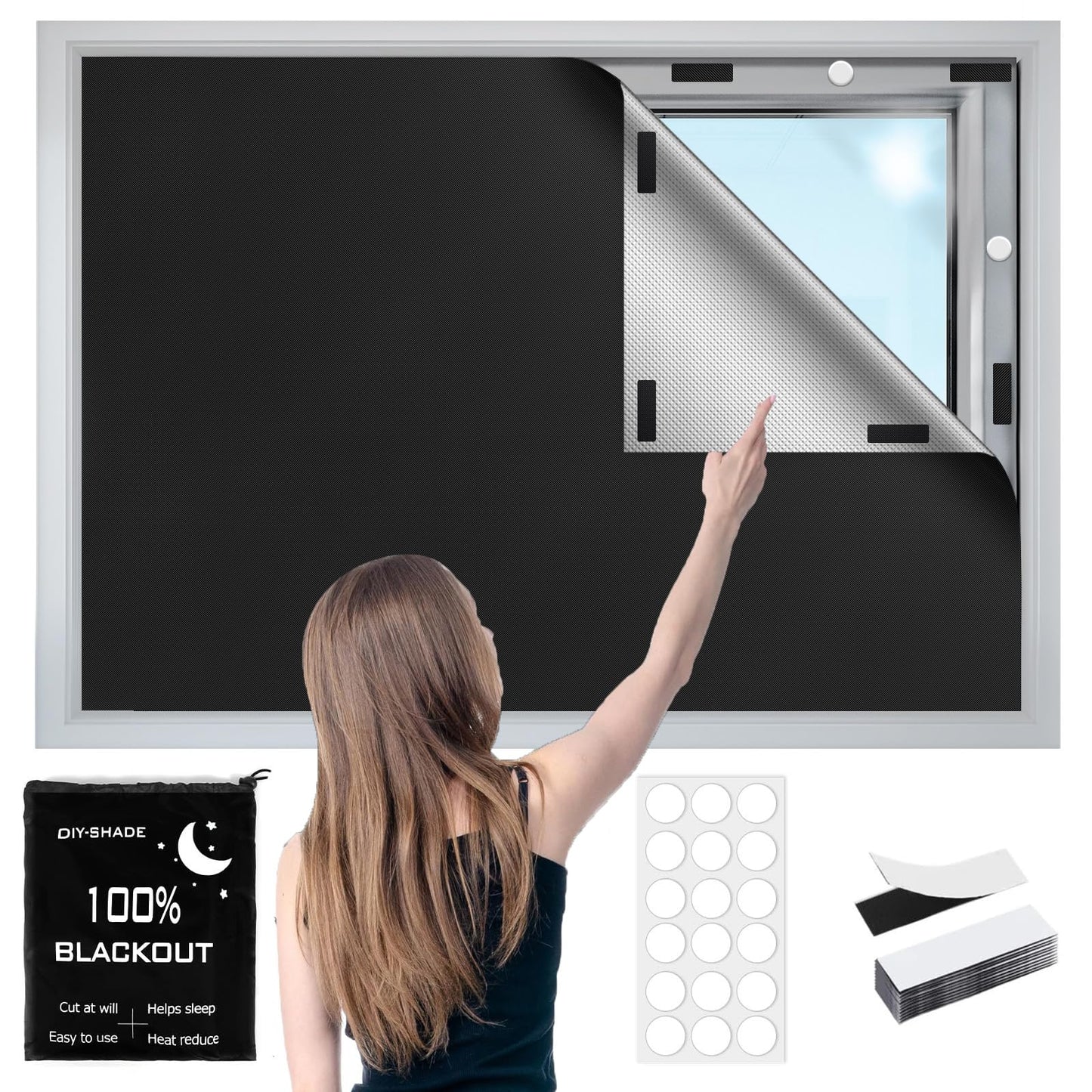420D Blackout Curtains for Bedroom, 300x145 cm Portable Blackout Blinds with 12 Hook and Loop & 18 Adhesive for 100% Black-Out Window Film, Temporary Black Out Shades for Windows Cover Travel