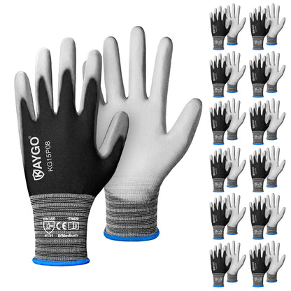 KAYGO 12 Pairs PU Coated Safety Work Gloves,KG15P for Men and Women, with Breathable & Dexterous, Comfortable Nylon Liner, Ideal for DIY, Assembly, Warehouse, Light Duty Work (M, Black)
