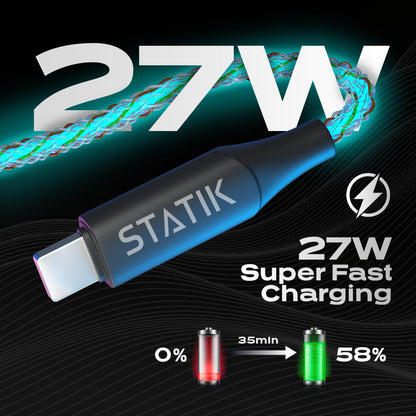 Statik Globright Braided Light Up Charger - Glowing & Durable LED Phone Charger w Enabled Data Transfer - 100W Fast Charger Magnetic Charging Cable w Unbreakable 6ft Nylon Cord, USB-C to i-Product